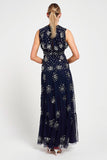 Aveline navy embellished sleeveless maxi dress with v-neck bodice, silver beadwork and tiered skirt, full-length formal occasion dress