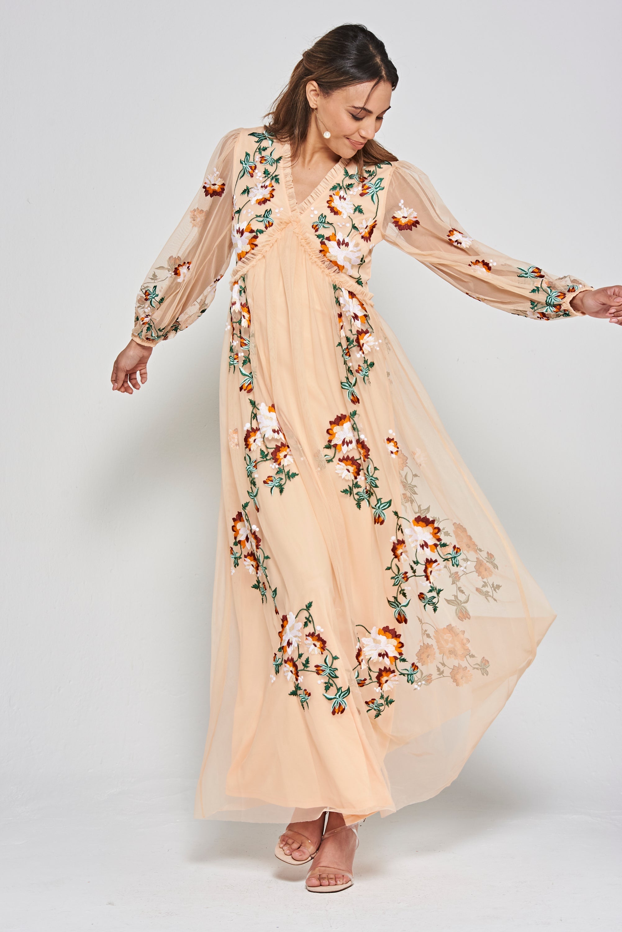 Aviana Floral Embroidered Maxi Dress - Almond