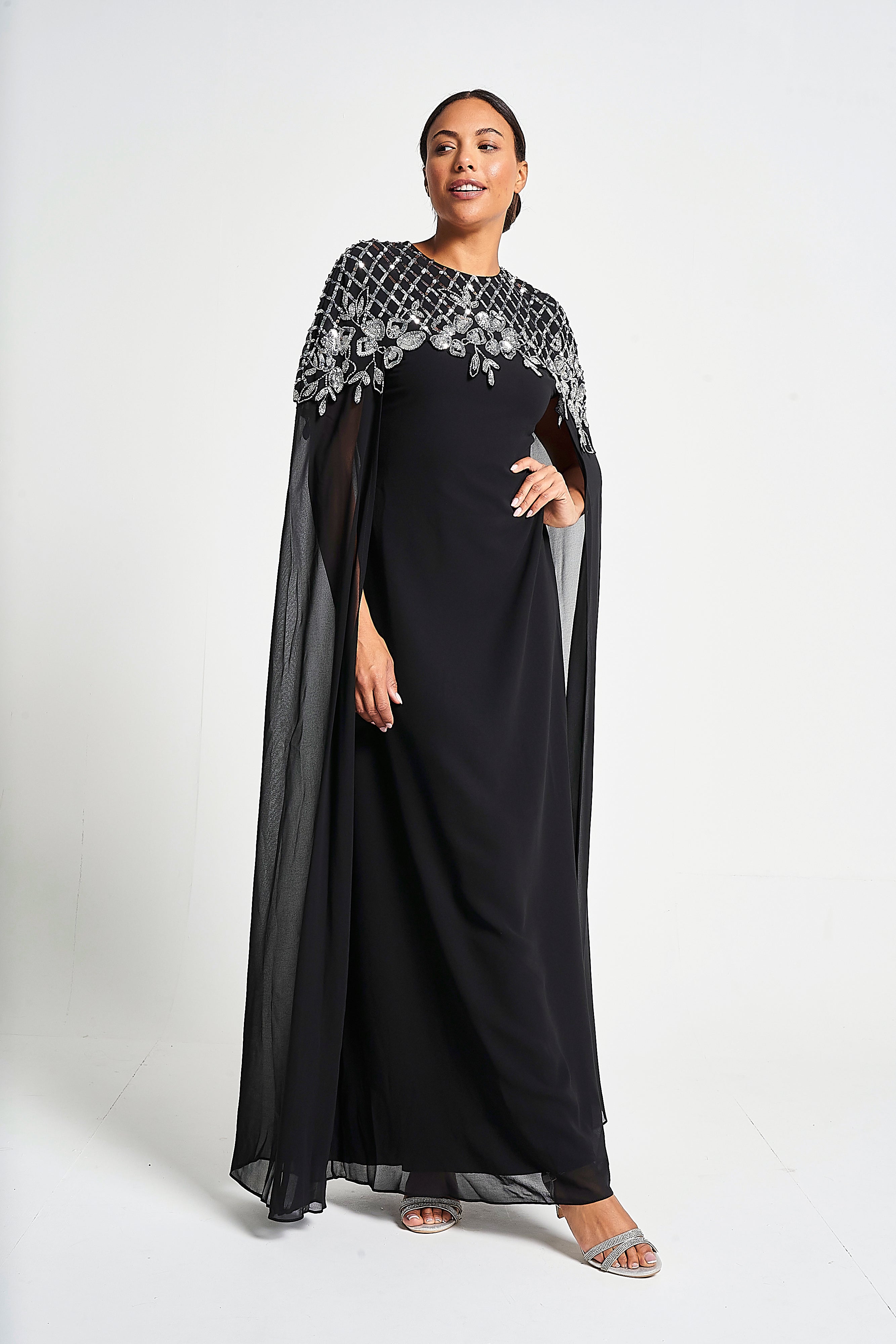 Ayden Black Embellished Cape Sleeve Maxi Dress