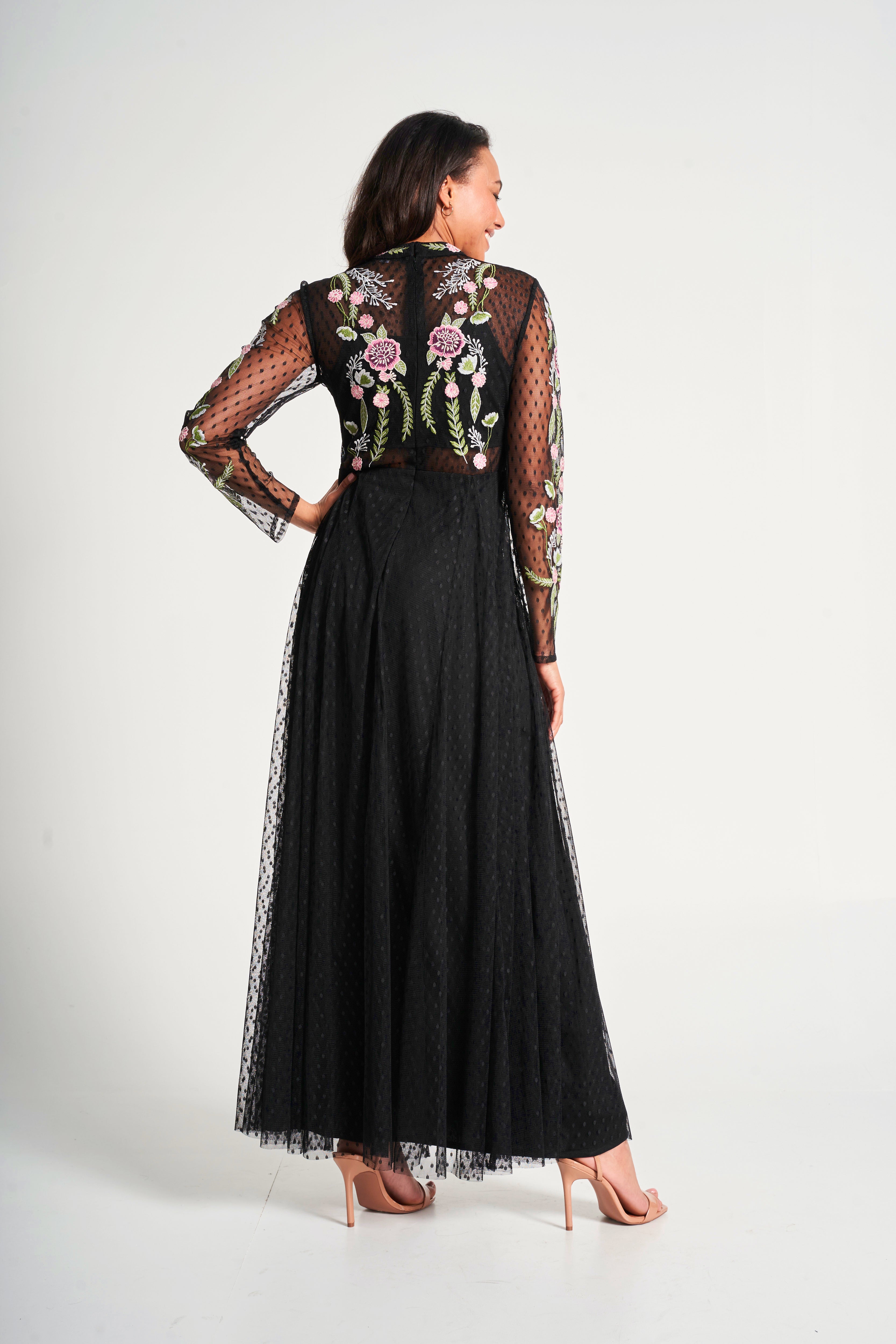 Azalea Black Floral Embroidered Maxi Dress