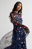 Azalea Navy Floral Cape Sleeve Maxi Dress by Frock and Frill with embroidered floral detail, flowing cape sleeves and modest evening design.