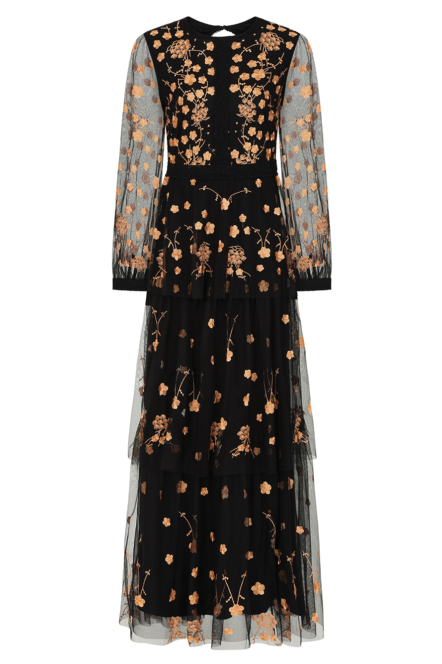 Azara black floral embroidered maxi dress by Frock and Frill with sheer long sleeves and flowing silhouette