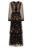 Azara black floral embroidered maxi dress by Frock and Frill with sheer long sleeves and flowing silhouette