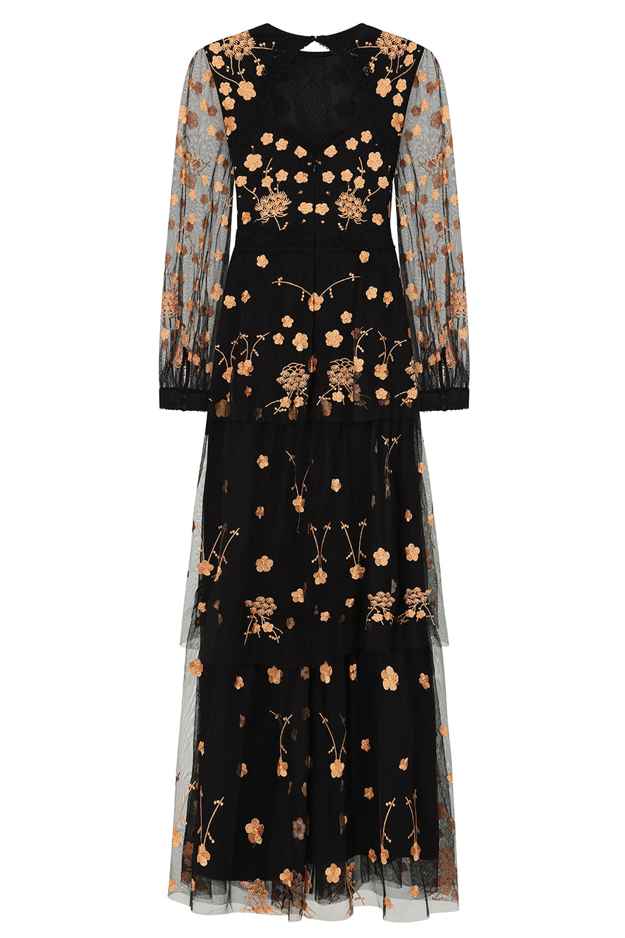 Azara black floral embroidered maxi dress by Frock and Frill with sheer long sleeves and flowing silhouette