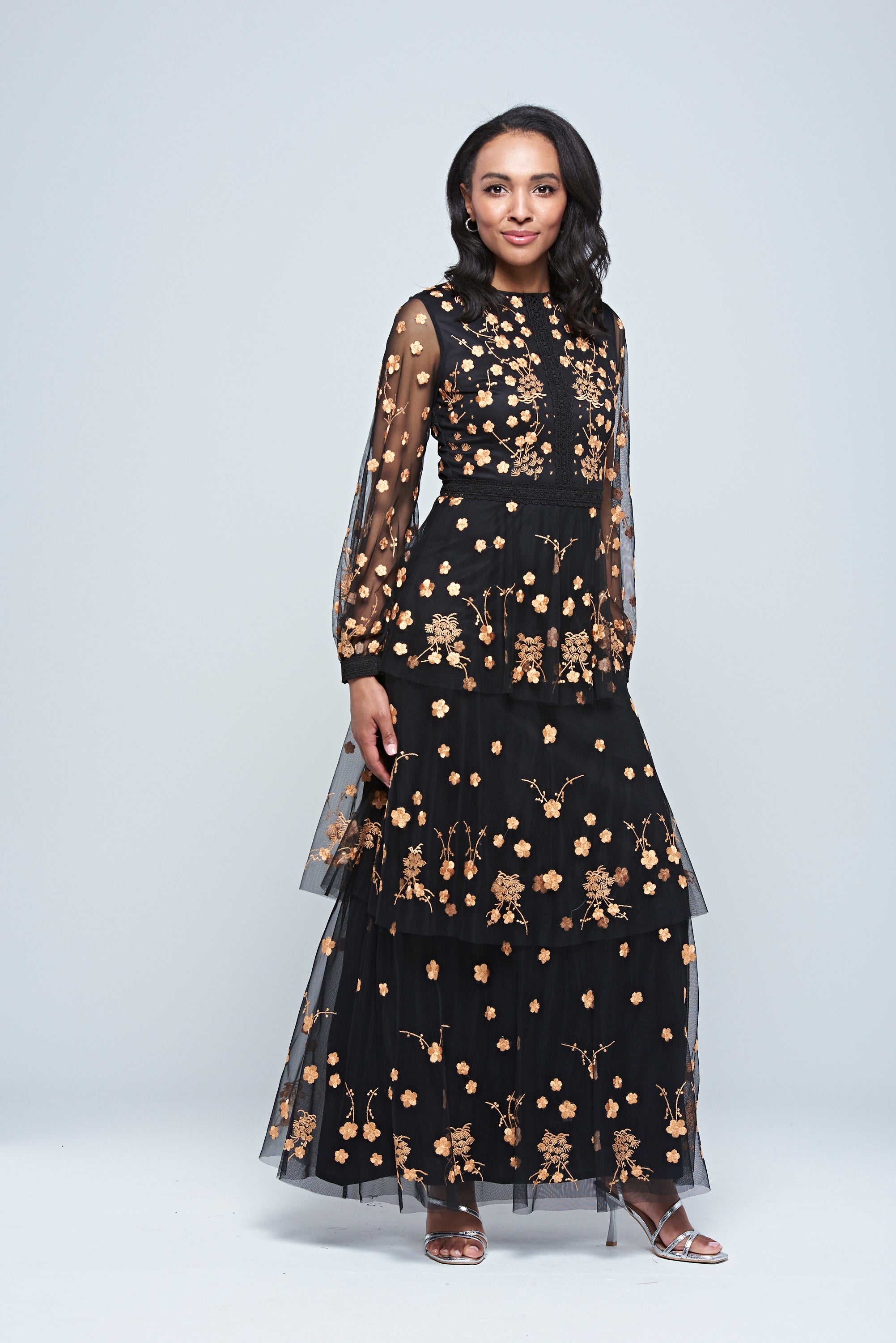 Azara black floral embroidered maxi dress by Frock and Frill with sheer long sleeves and flowing silhouette