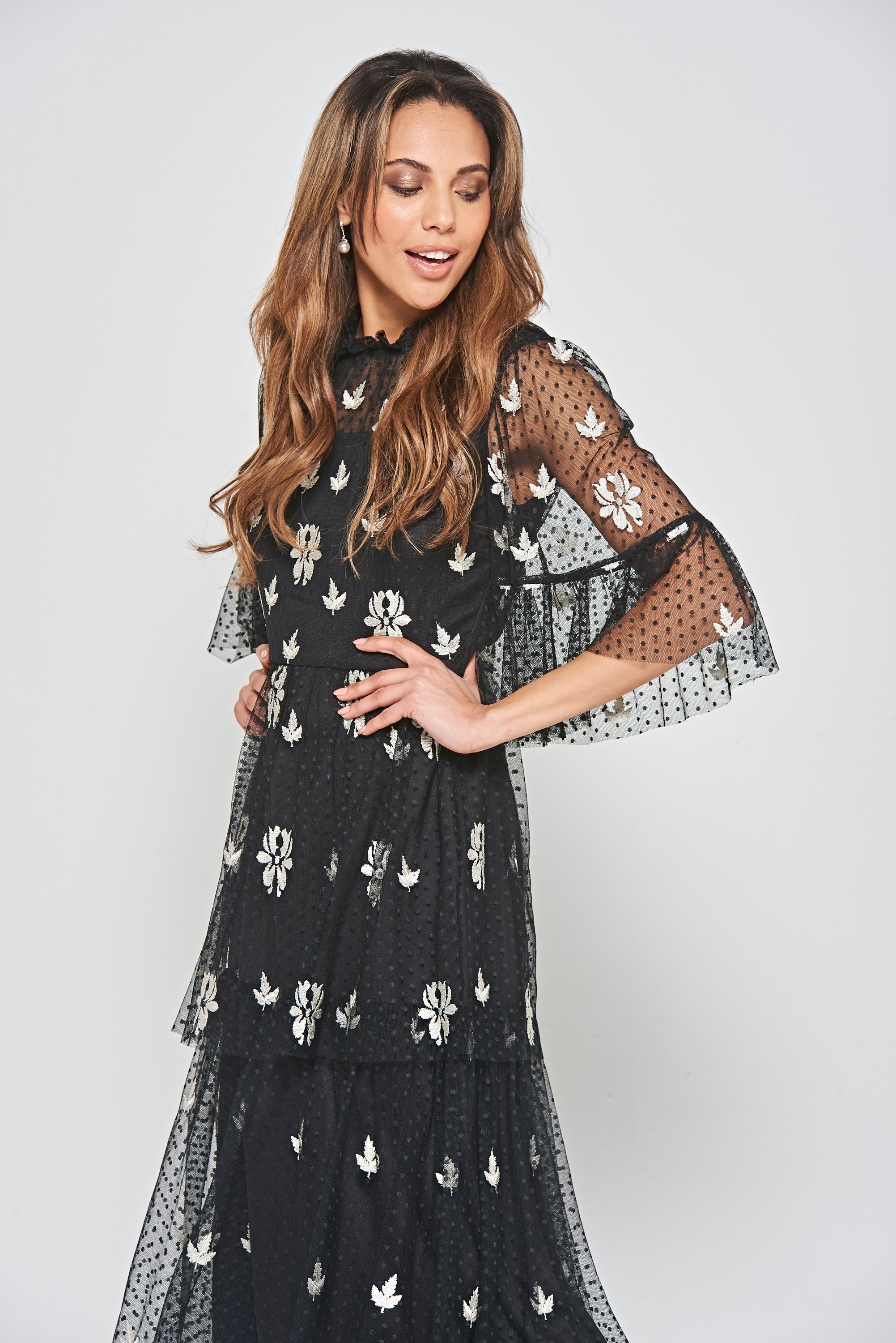 Baia Black Embroidered Tiered Maxi Dress