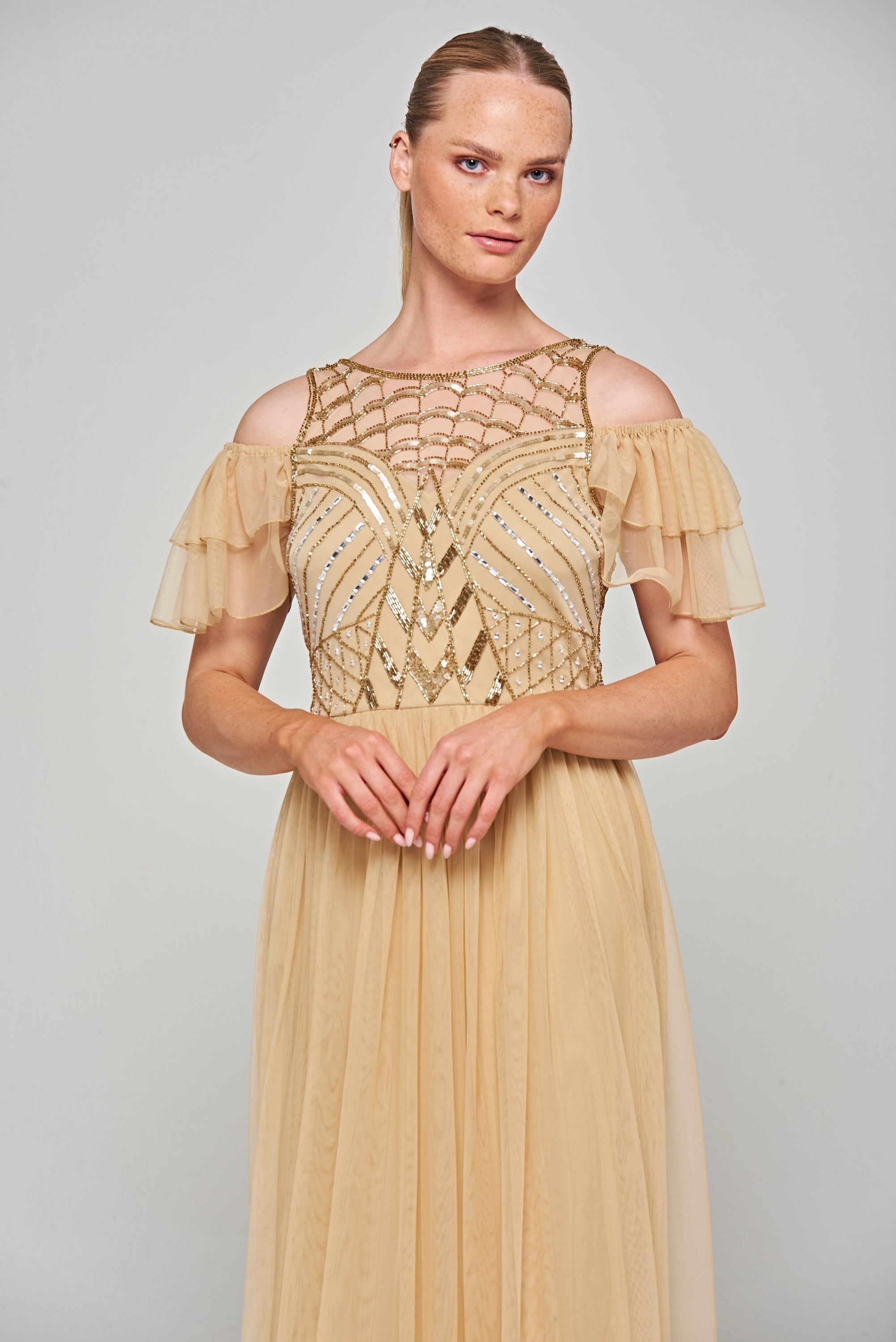 Barbara Cold Shoulder Embellished Midi Dress - Champagne