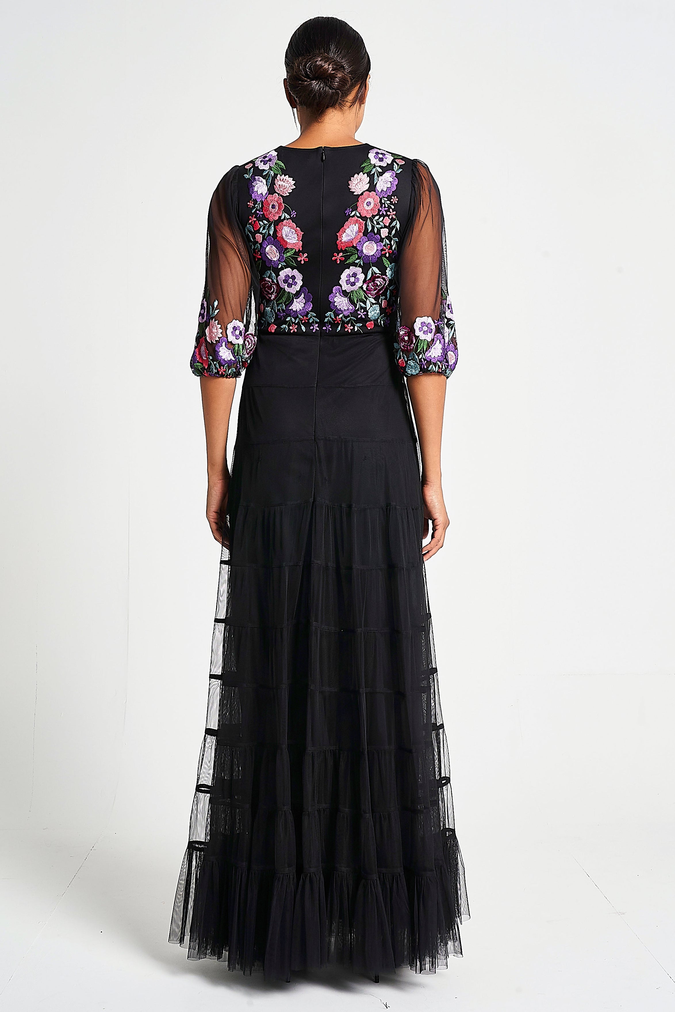 Bibiana black embroidered maxi dress by Frock and Frill with floral embroidery and sheer sleeves