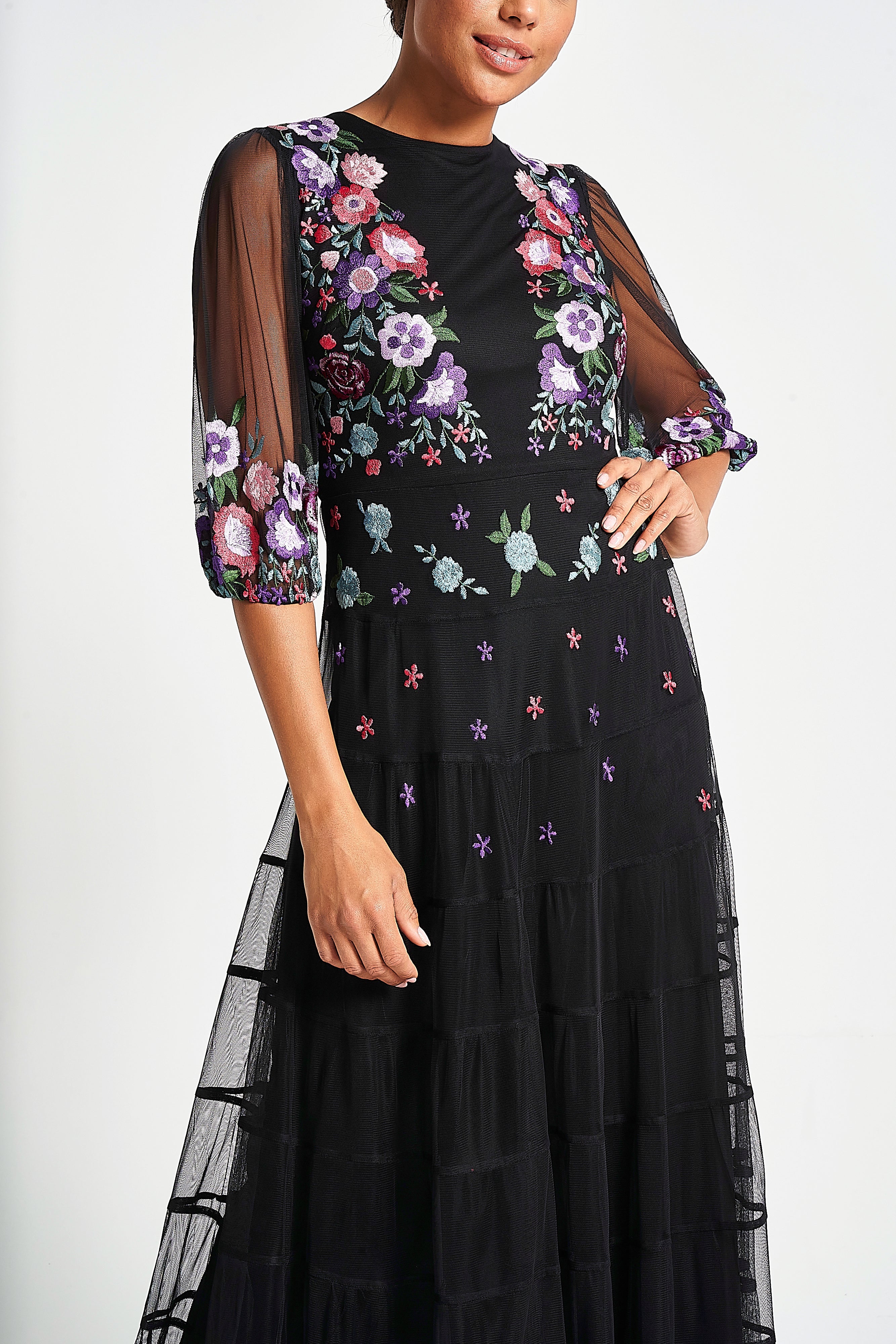 Bibiana black embroidered maxi dress by Frock and Frill with floral embroidery and sheer sleeves