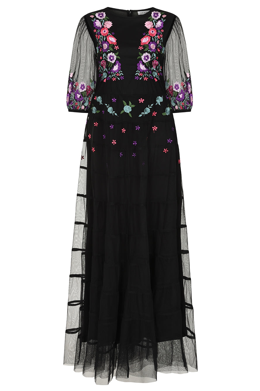 Bibiana black embroidered maxi dress by Frock and Frill with floral embroidery and sheer sleeves