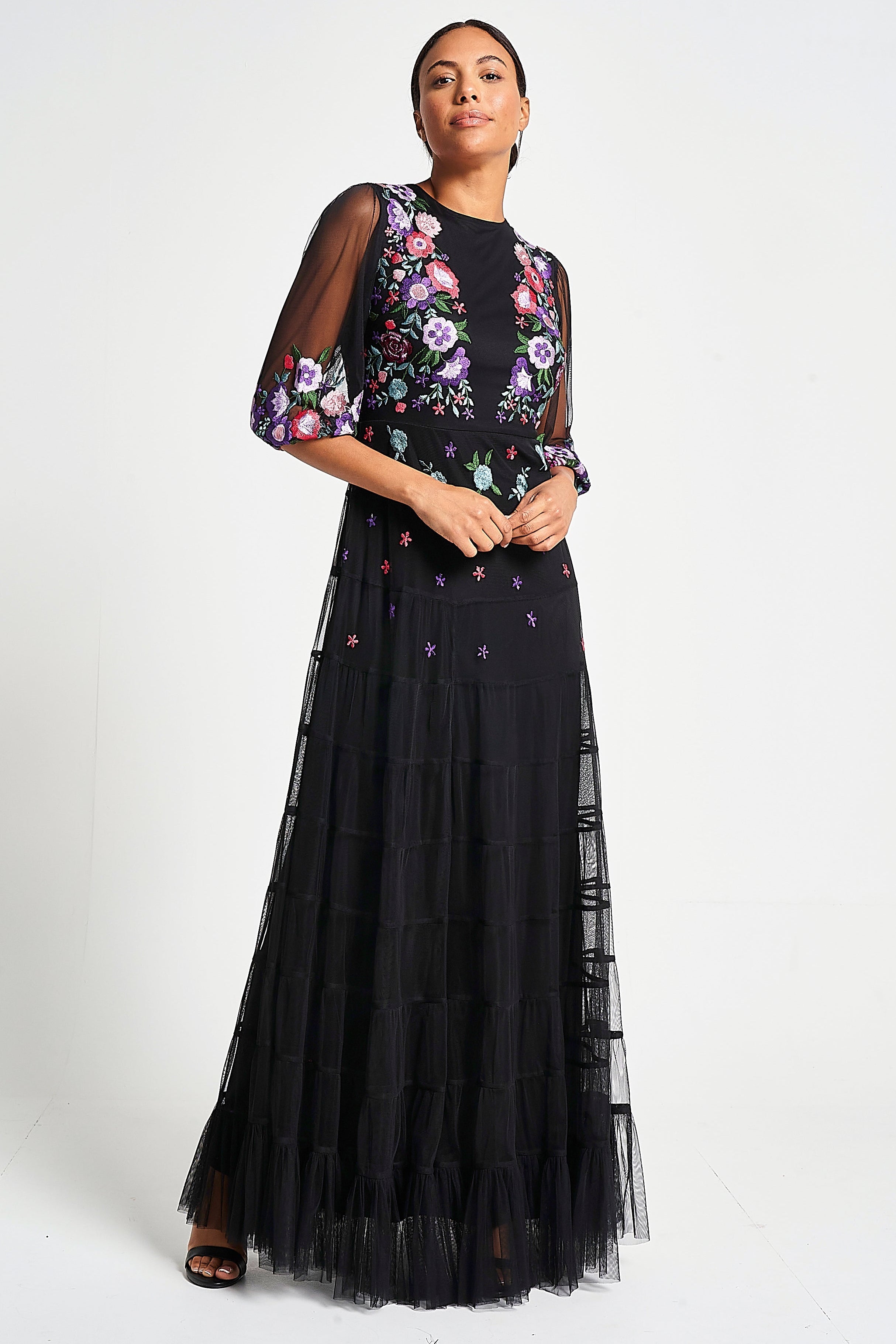 Bibiana black embroidered maxi dress by Frock and Frill with floral embroidery and sheer sleeves