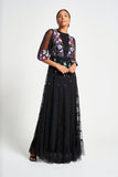 Bibiana black embroidered maxi dress by Frock and Frill with floral embroidery and sheer sleeves
