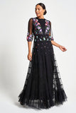Bibiana black embroidered maxi dress by Frock and Frill with floral embroidery and sheer sleeves