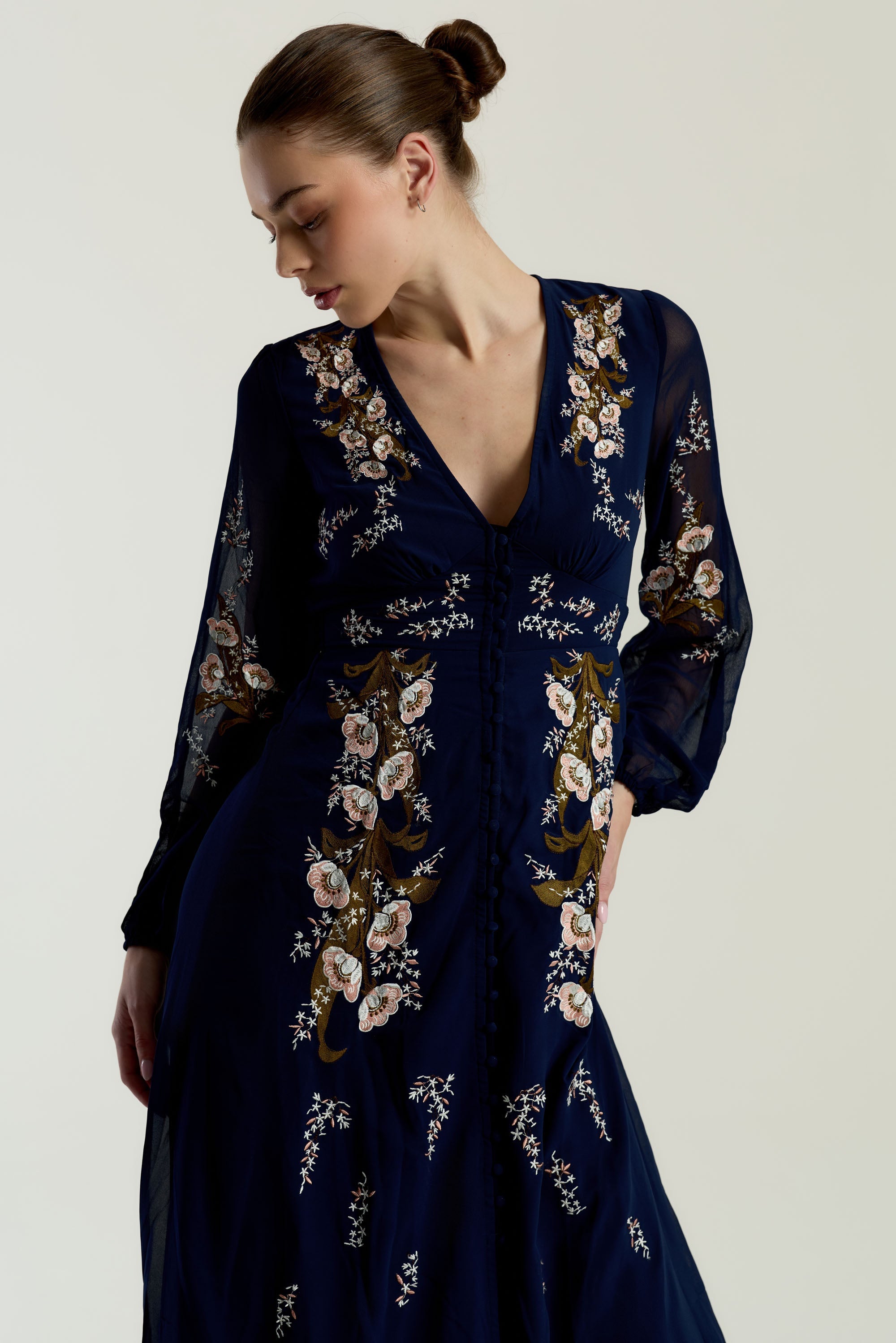 Brinna Navy Floral Embroidered Maxi Dress