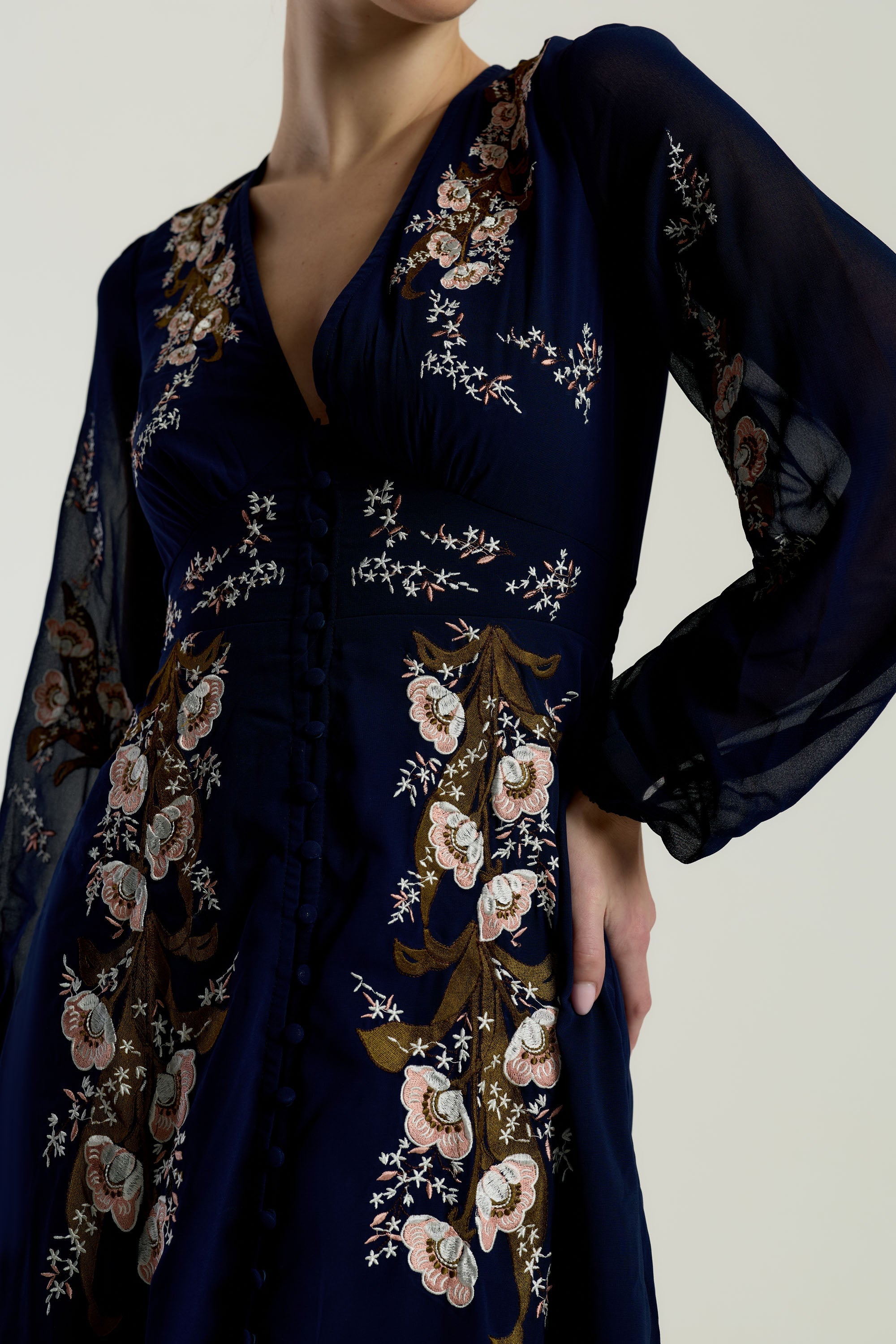 Brinna Navy Floral Embroidered Maxi Dress