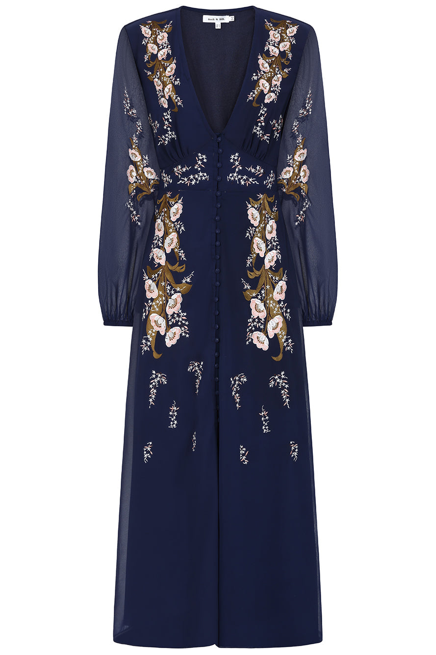 Brinna Navy Floral Embroidered Maxi Dress