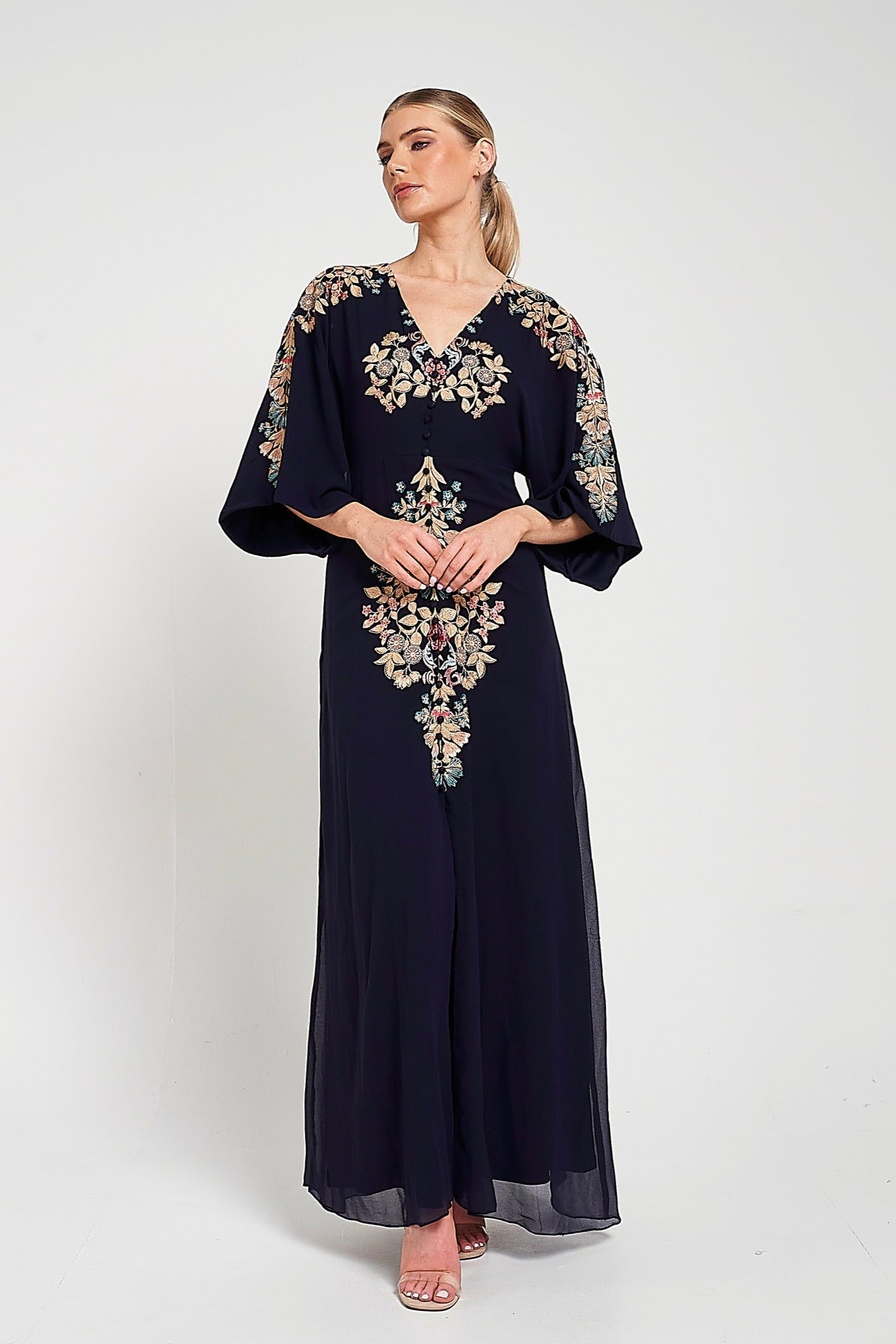 Briony Navy Embroidered Maxi Dress with Batwing Sleeves