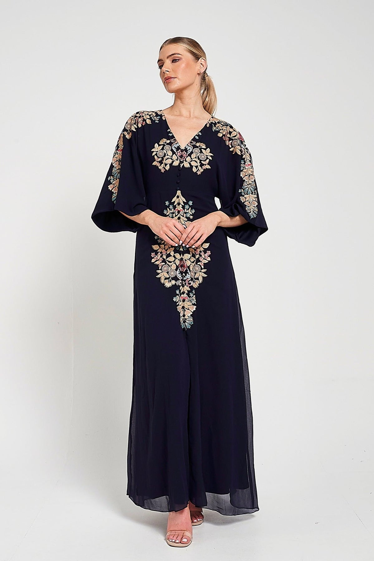 Briony Navy Embroidered Maxi Dress with Batwing Sleeves