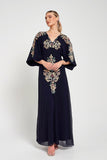 Briony Navy Embroidered Maxi Dress with Batwing Sleeves