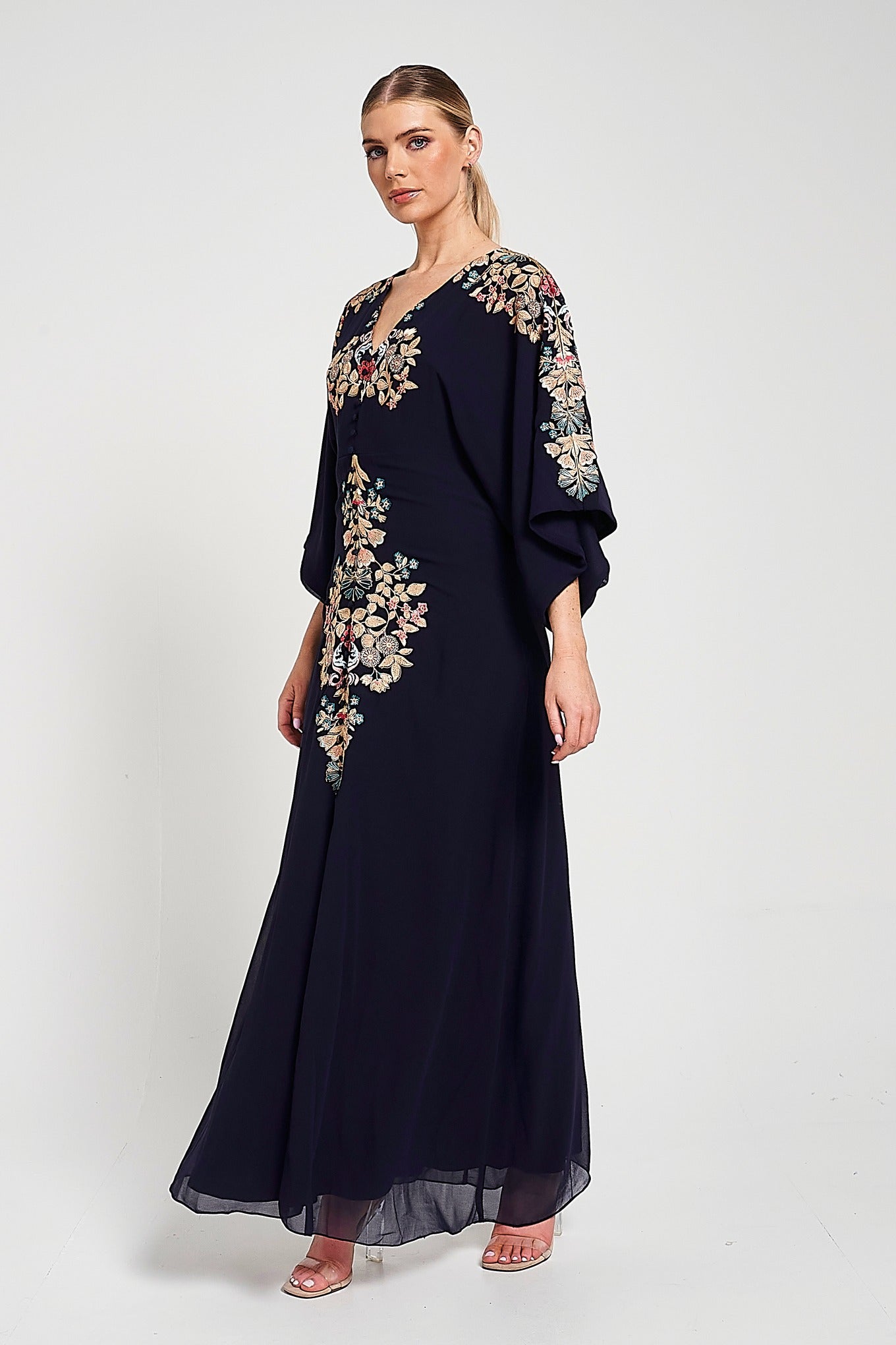 Briony Navy Embroidered Maxi Dress with Batwing Sleeves