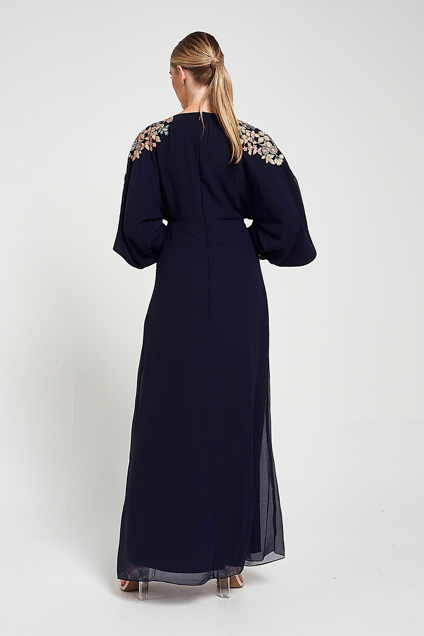 Briony Navy Embroidered Maxi Dress with Batwing Sleeves