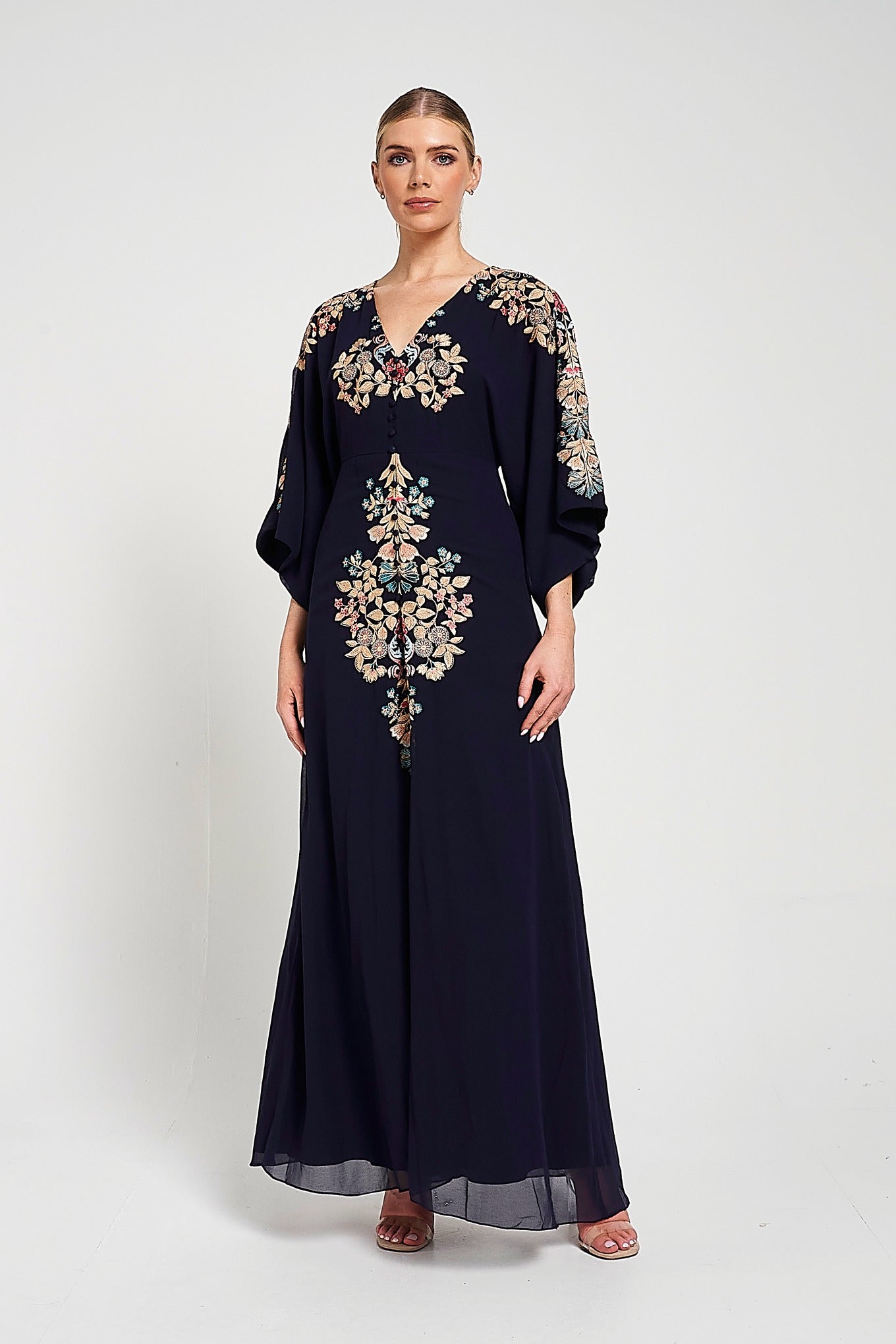 Briony Navy Embroidered Maxi Dress with Batwing Sleeves