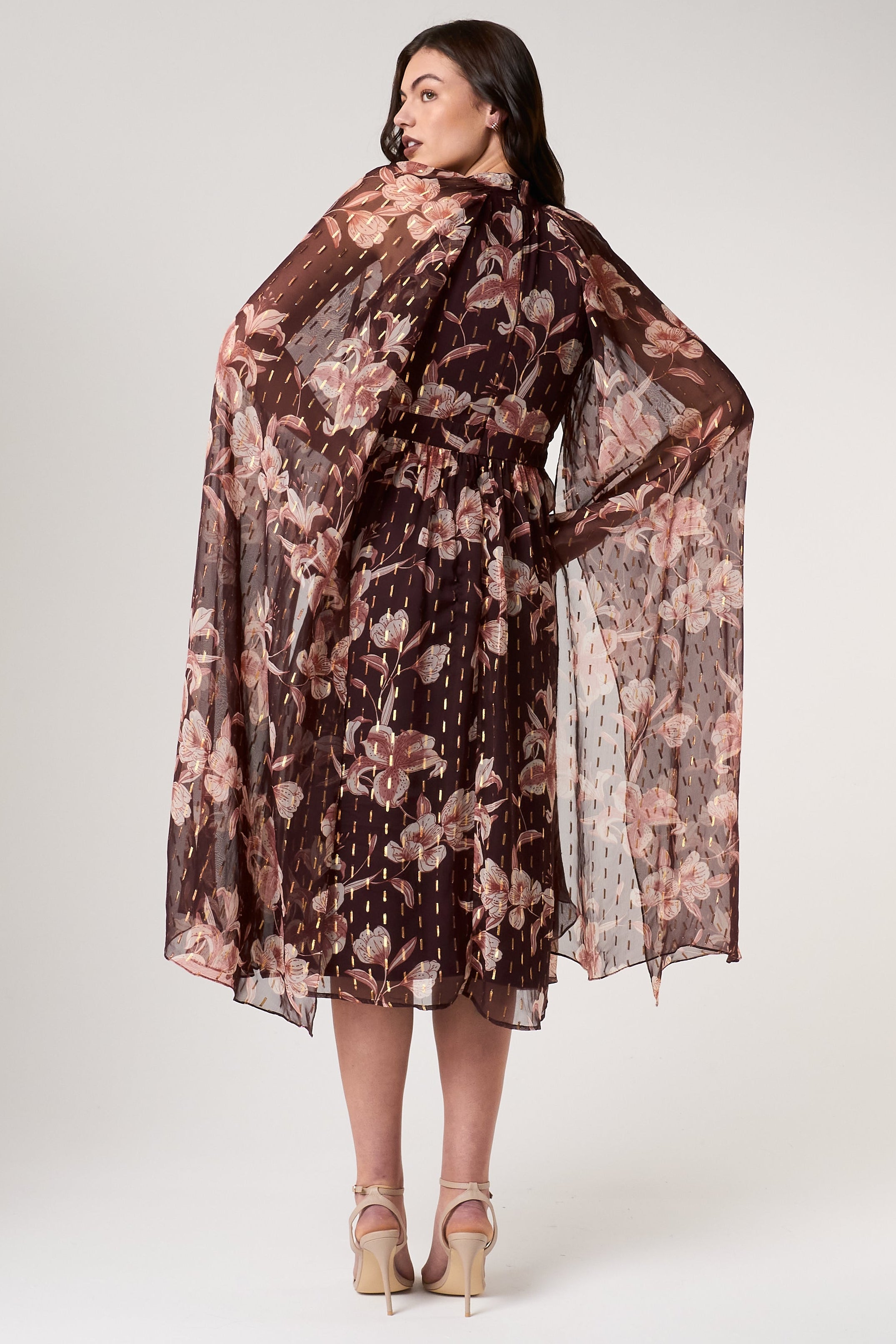 Bronwyn brown floral print cape sleeve midi dress by Frock and Frill with gold thread flecked detailing designed for elegant occasion and day to evening wear styling