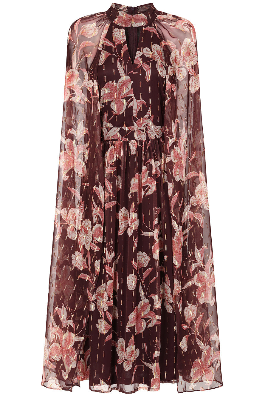 Bronwyn brown floral print cape sleeve midi dress by Frock and Frill with gold thread flecked detailing designed for elegant occasion and day to evening wear styling