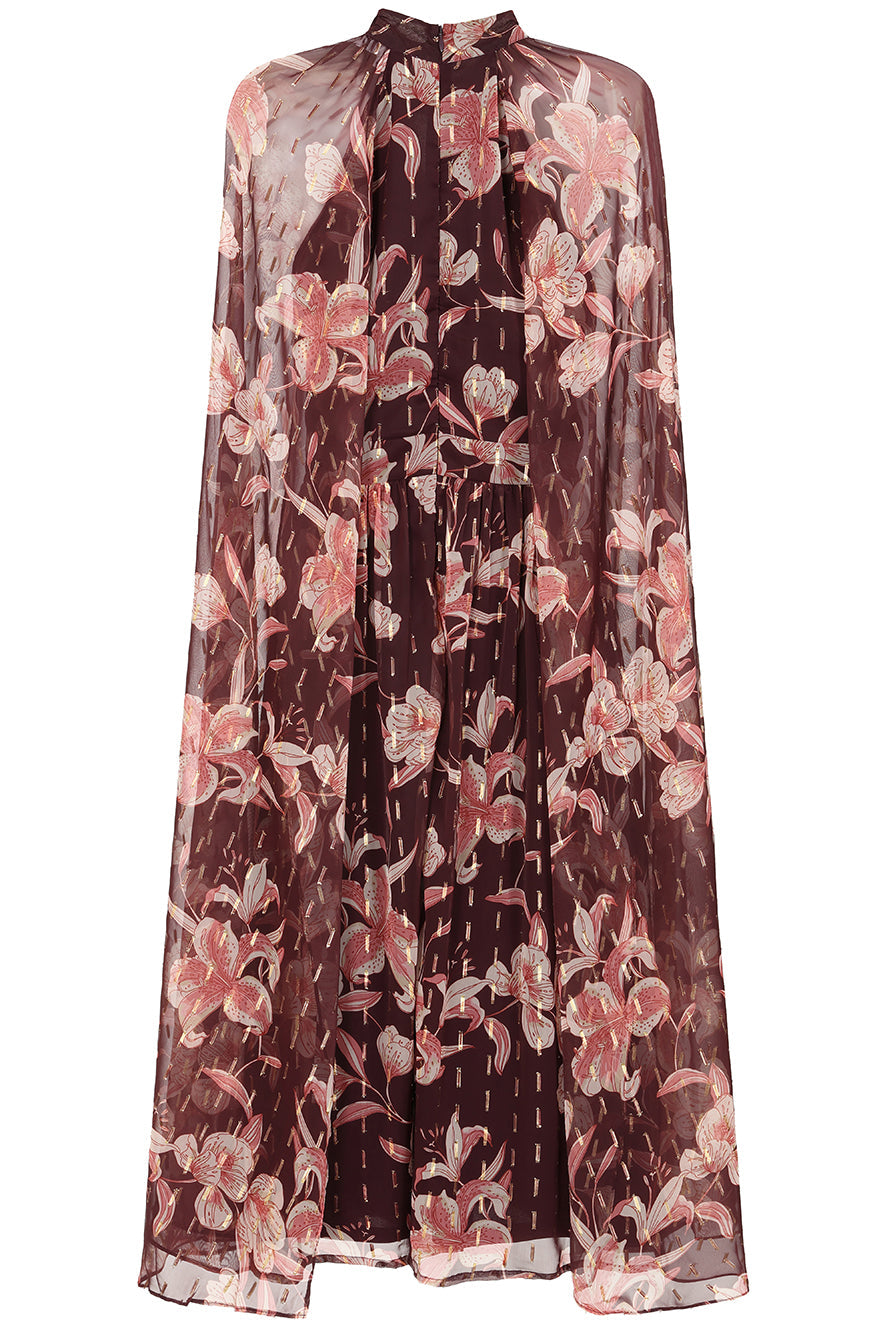 Bronwyn brown floral print cape sleeve midi dress by Frock and Frill with gold thread flecked detailing designed for elegant occasion and day to evening wear styling