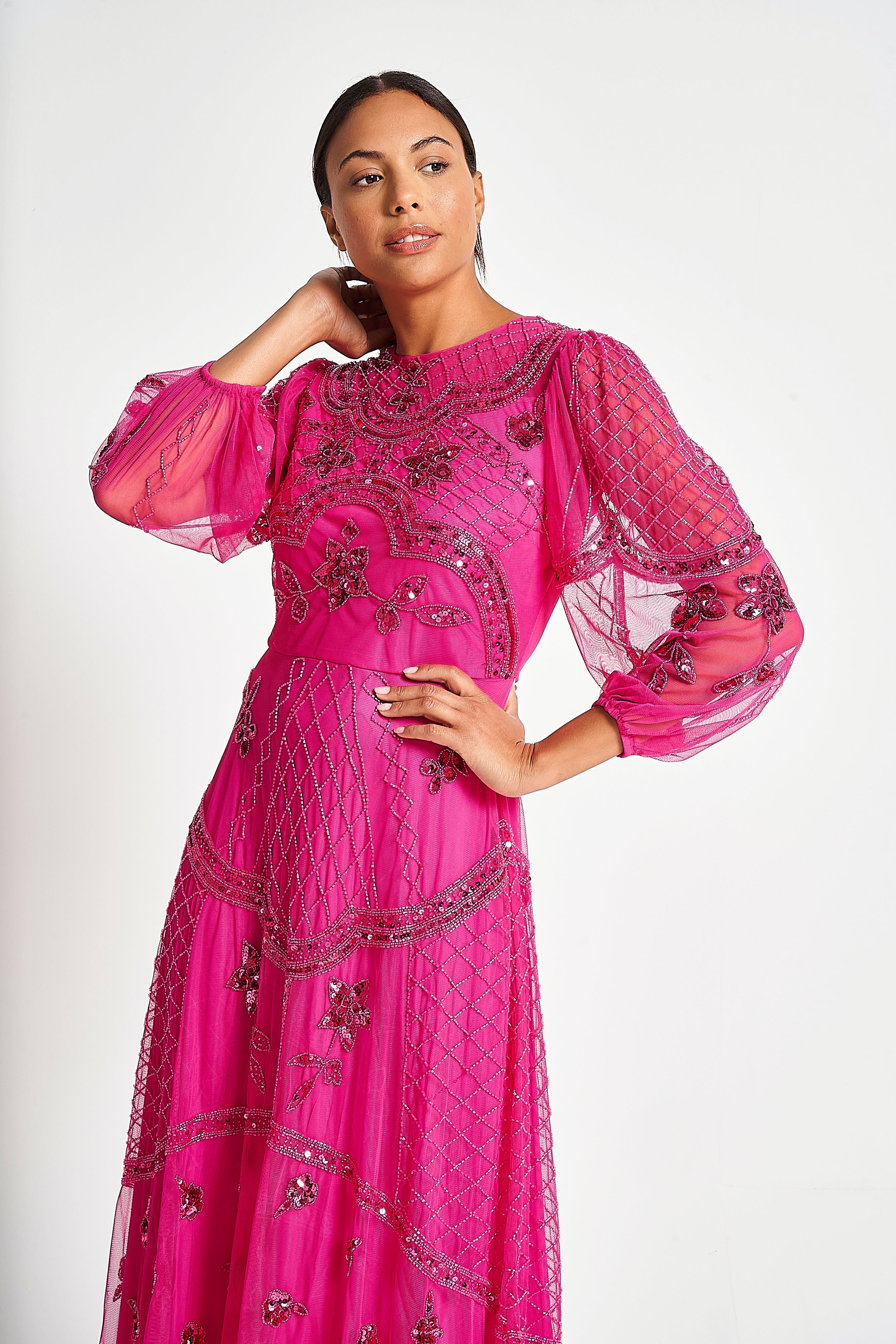 Calanthe Embellished Maxi Dress - Fuchsia Red