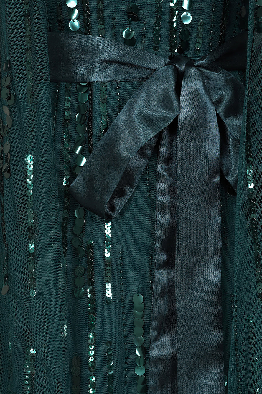 Calytrix Green Embellished Maxi Dress with Cape Sleeves