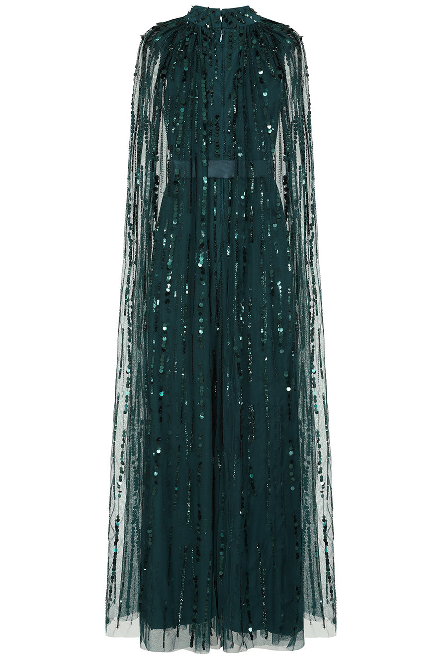 Calytrix Green Embellished Maxi Dress with Cape Sleeves