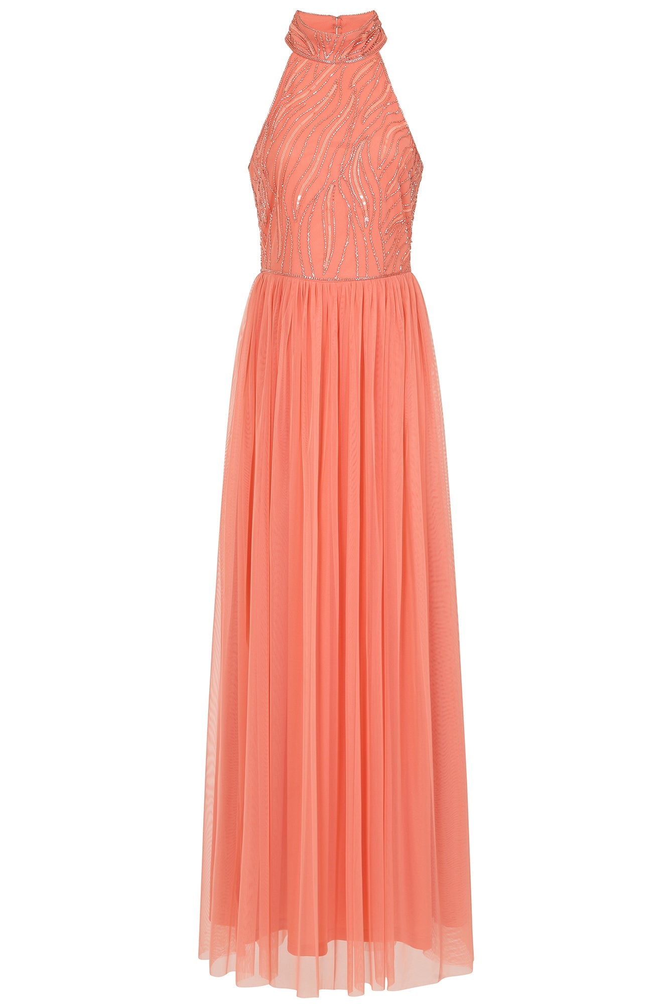 Caroline Coral Embellished Halter Neck Maxi Dress