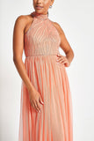 Caroline coral embellished halter neck maxi dress with intricate bead detailing and flowing full-length silhouette designed for statement occasion wear styling