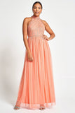 Caroline coral embellished halter neck maxi dress with intricate bead detailing and flowing full-length silhouette designed for statement occasion wear styling
