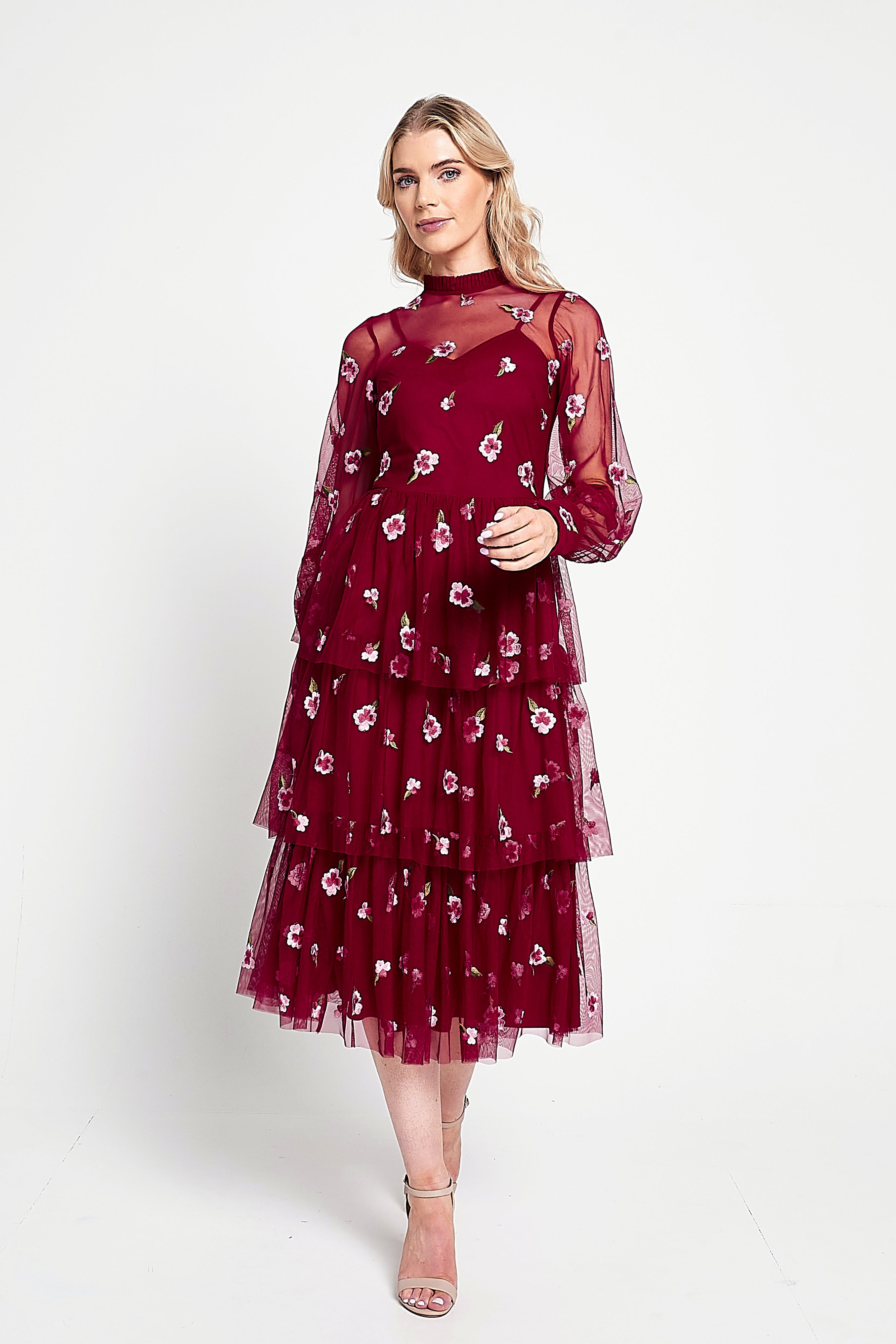 Carys Red Floral Embroidered Midi Dress