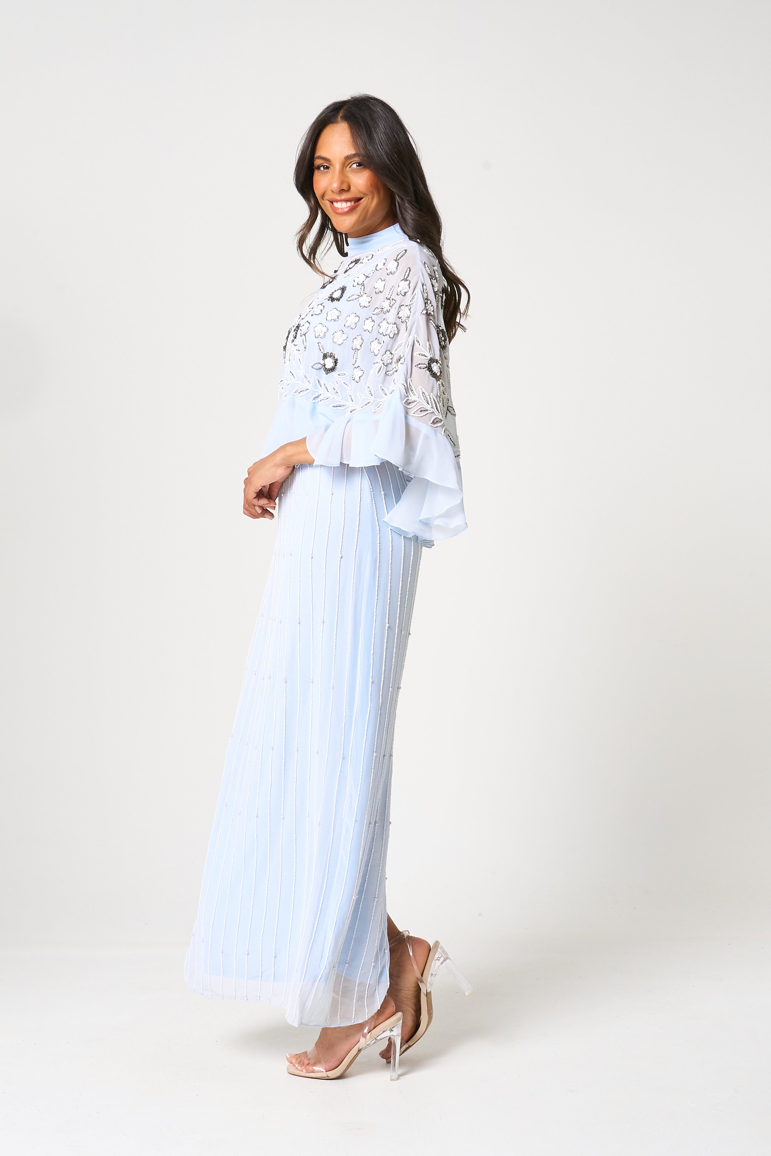 Celeste Blue Embellished Maxi Dress with Detachable Cape