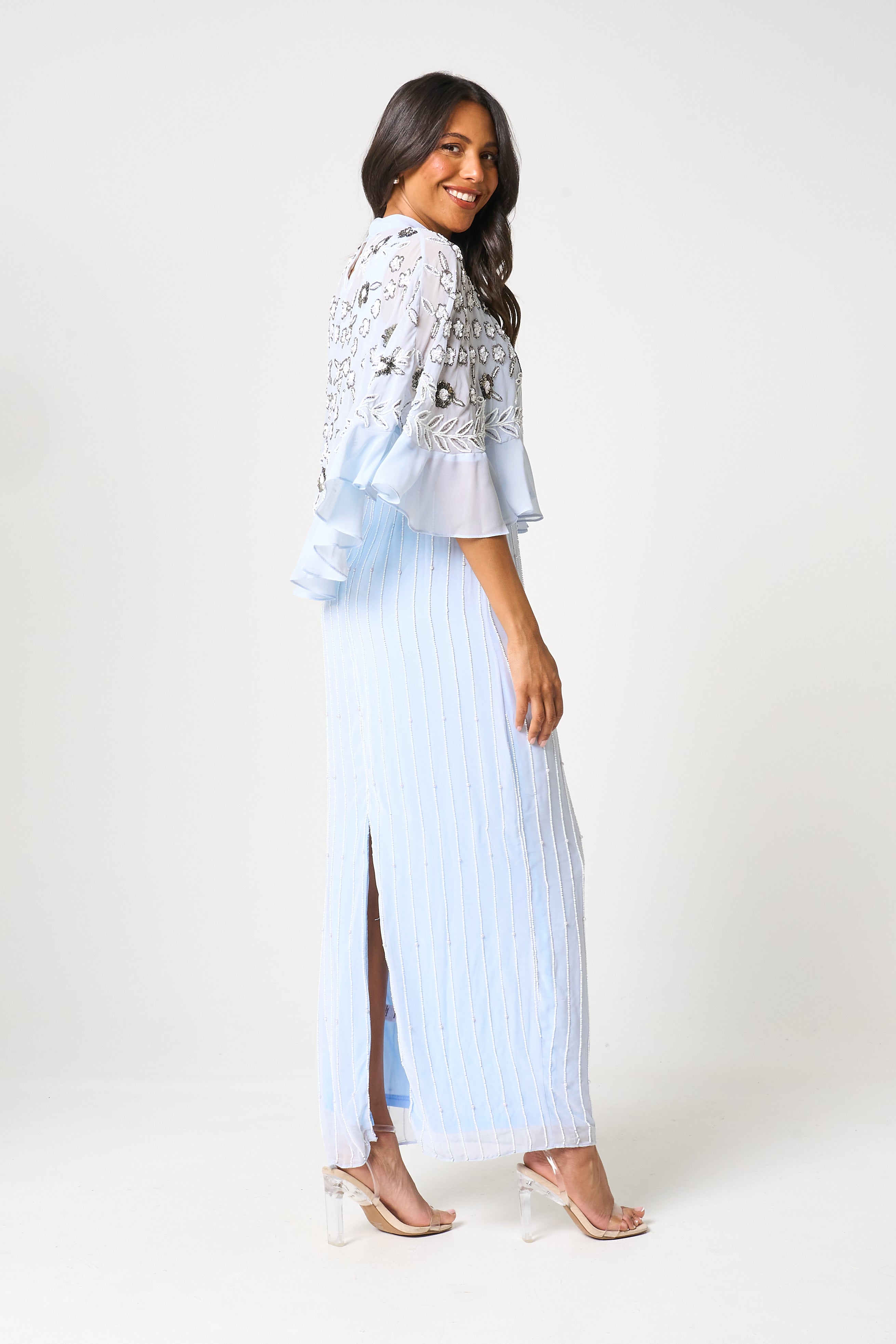 Celeste Blue Embellished Maxi Dress with Detachable Cape