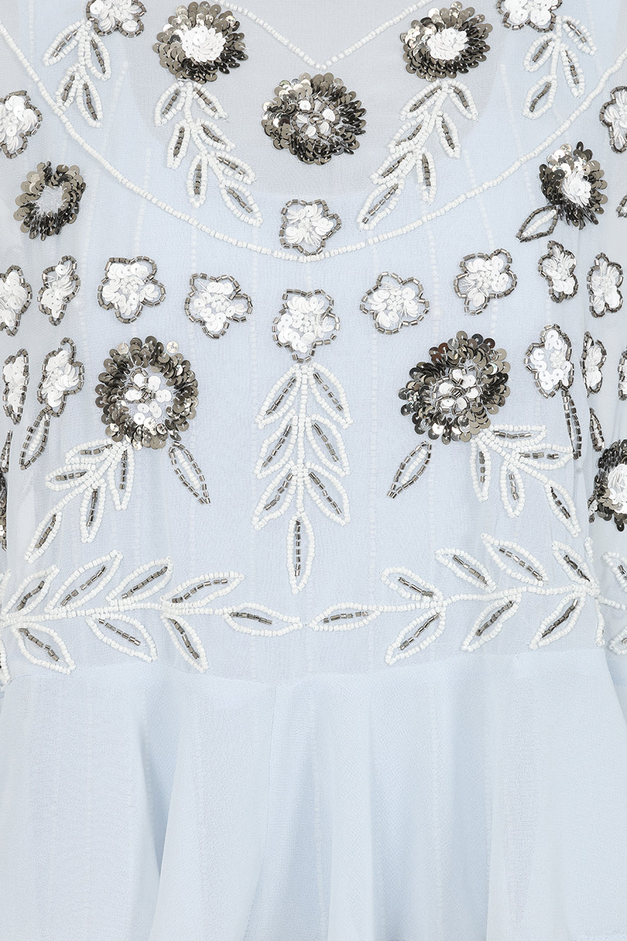 Celeste Blue Embellished Maxi Dress with Detachable Cape