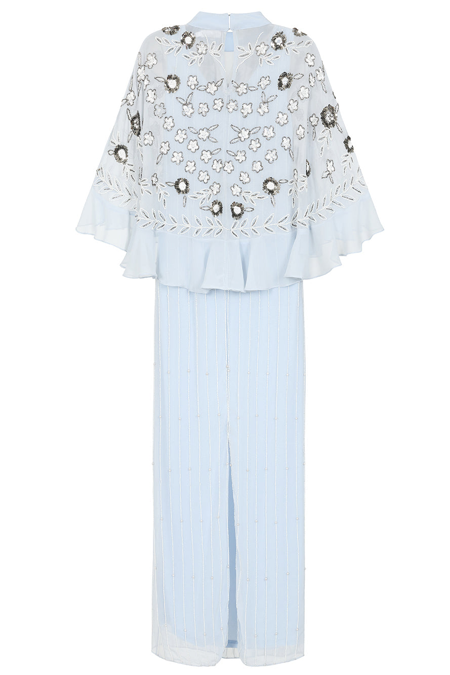 Celeste Blue Embellished Maxi Dress with Detachable Cape