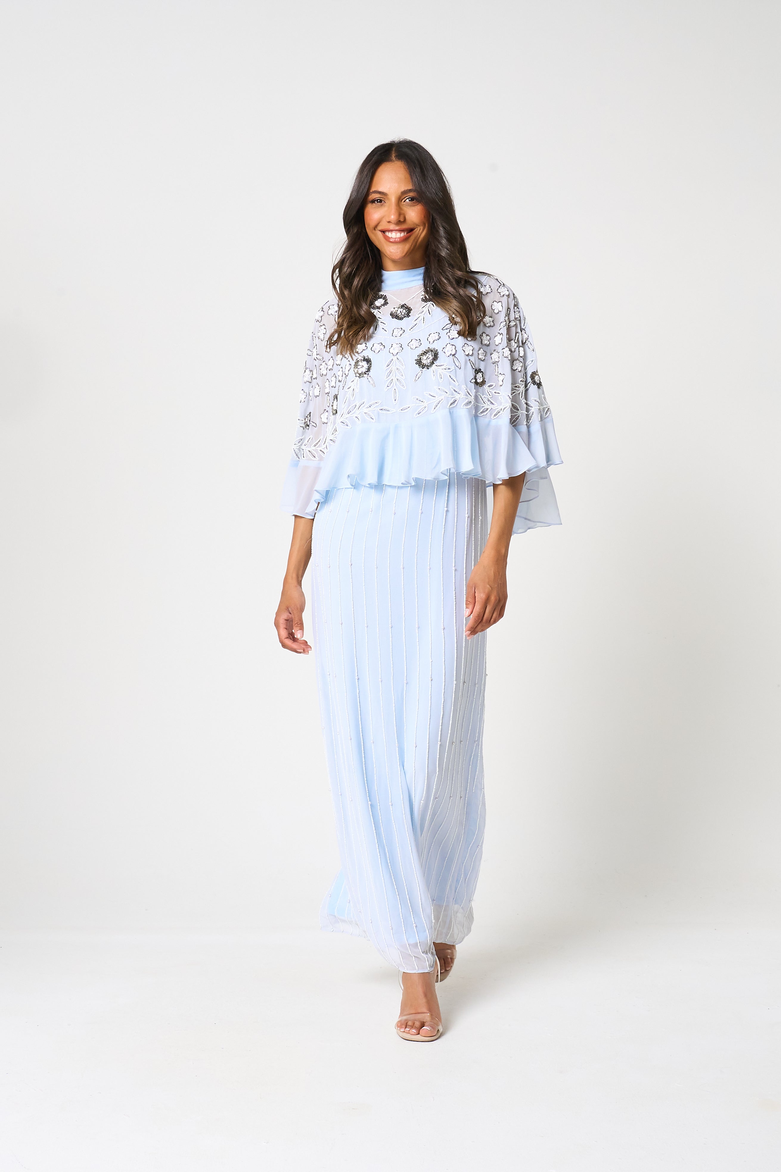 Celeste Blue Embellished Maxi Dress with Detachable Cape