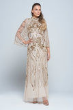 Celestine neutral-hued gold embellished maxi dress with flowing cape overlay, long sleeves, and modest elegant silhouette for weddings and formal occasions.