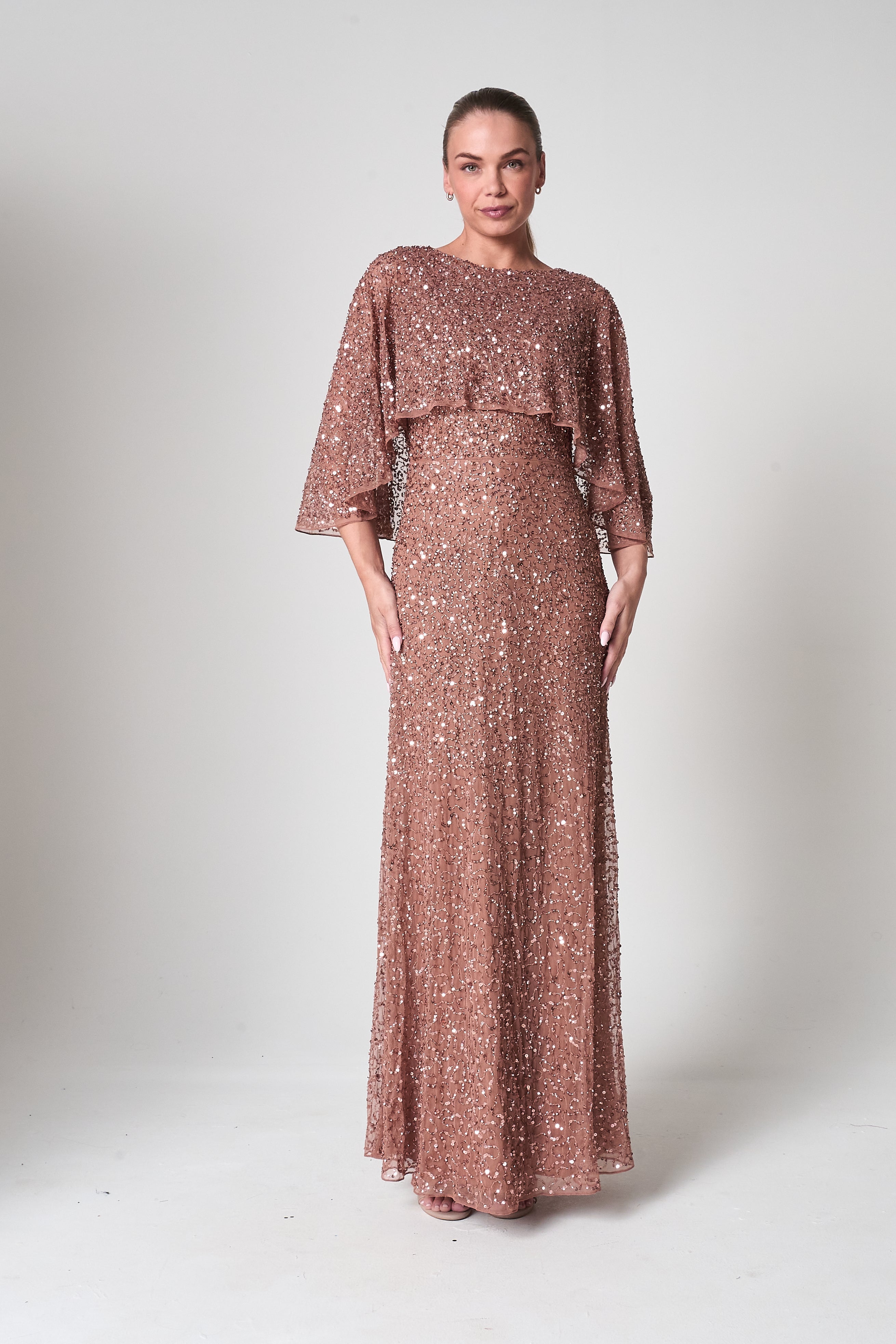 Charlotte Rose Gold Sequin Maxi Dress with Cape Detail