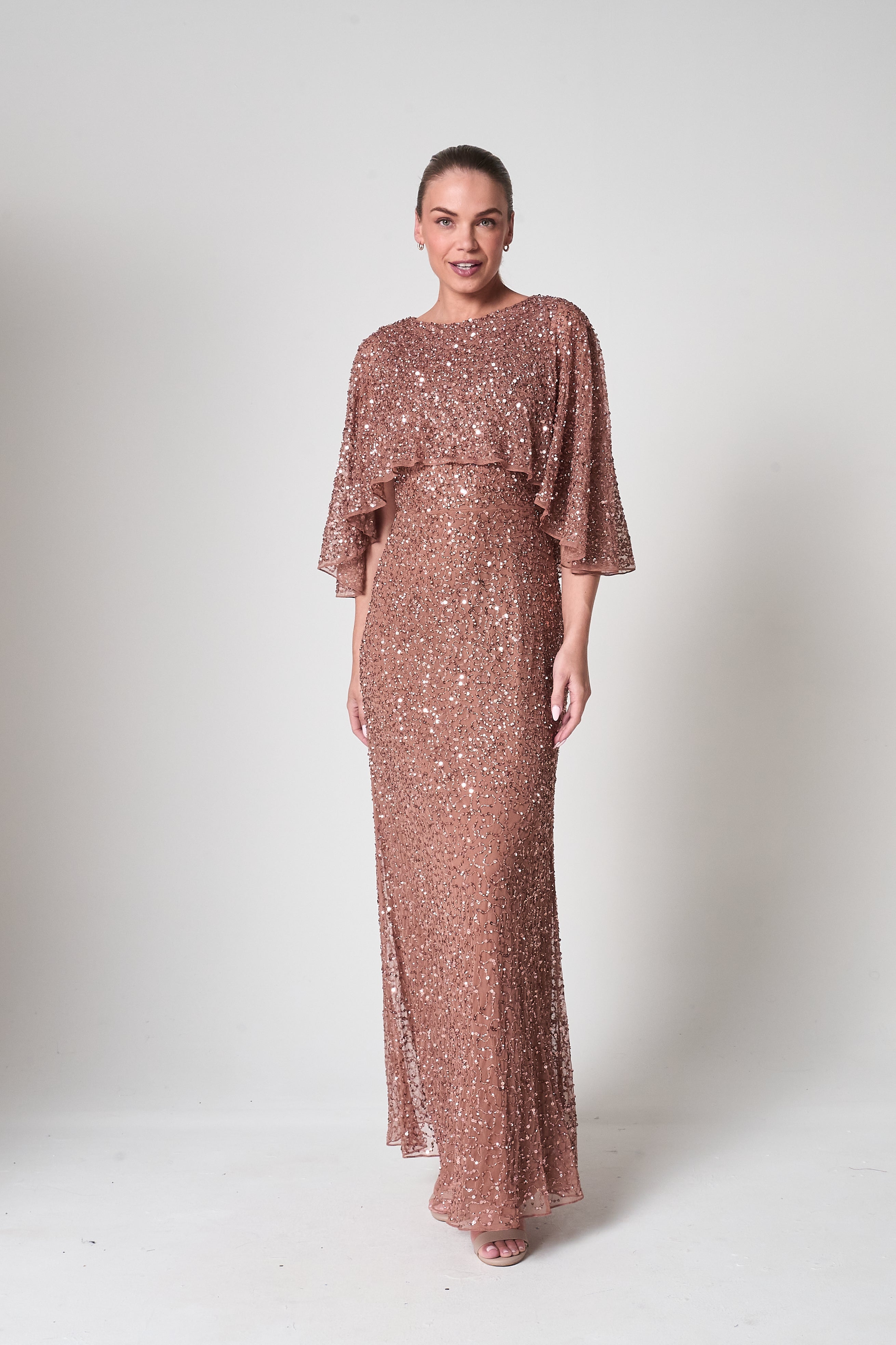 Charlotte Rose Gold Sequin Maxi Dress with Cape Detail