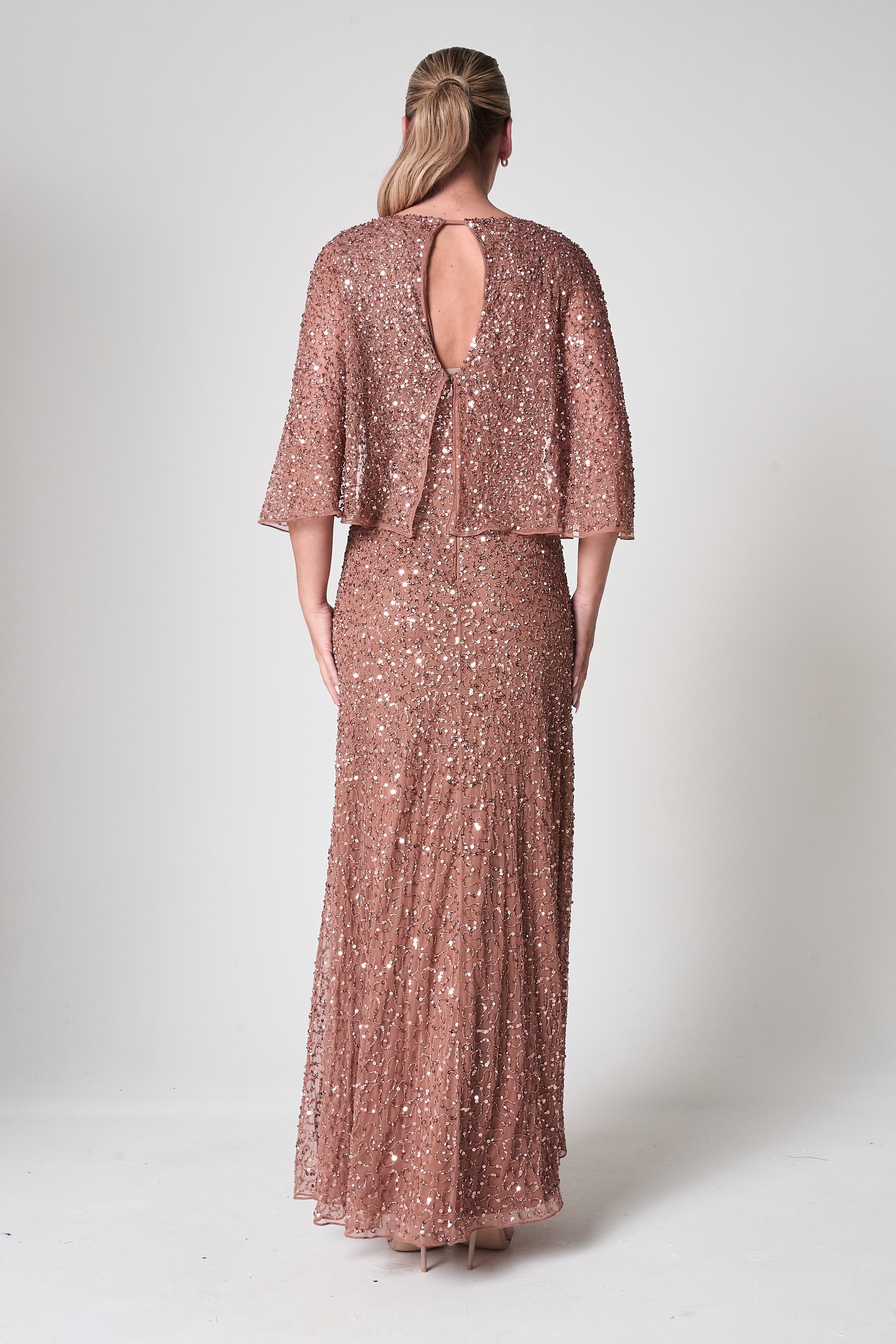 Charlotte Rose Gold Sequin Maxi Dress with Cape Detail