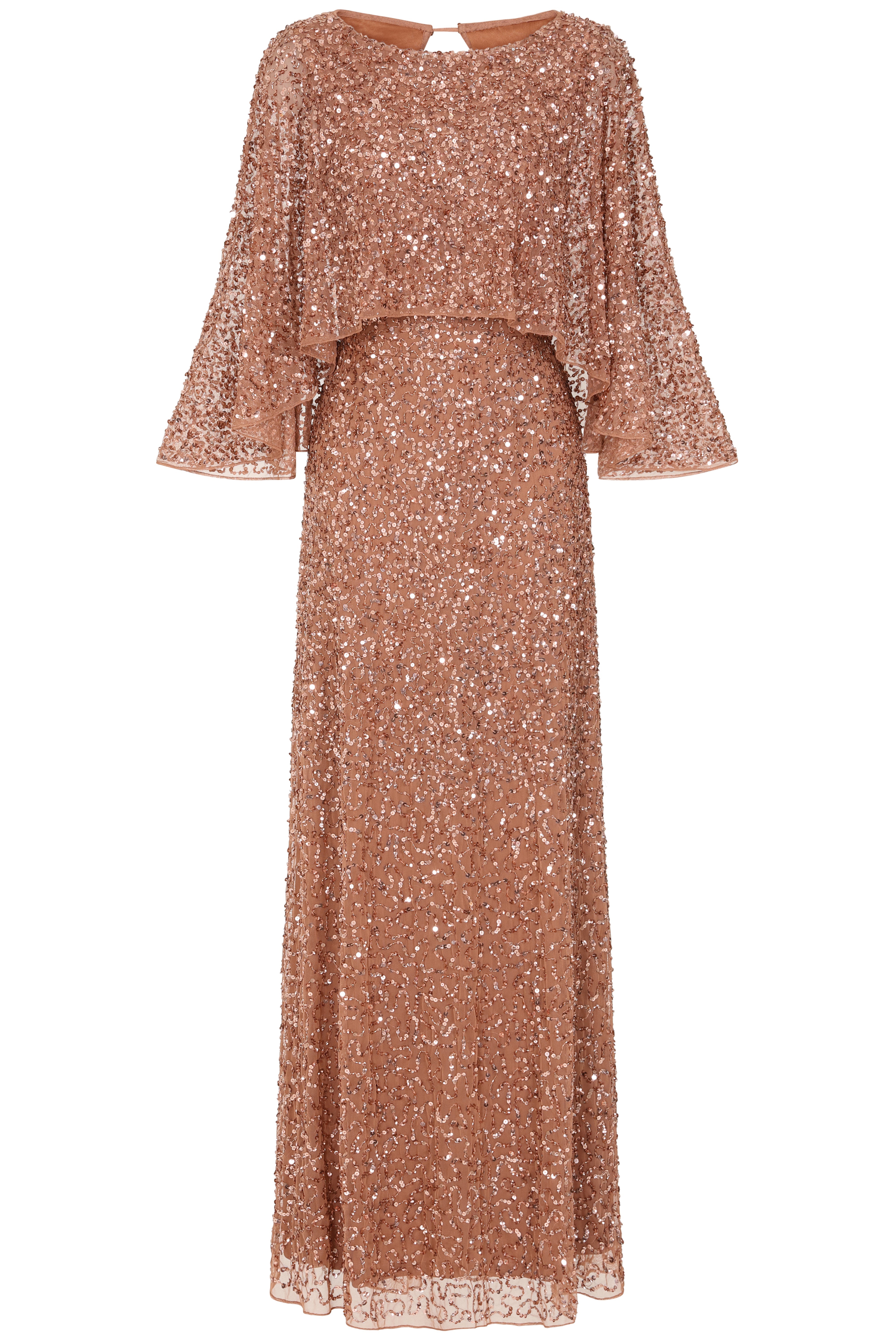 Charlotte rose gold sequin maxi dress with elegant cape overlay, round neckline, and flowing floor-length silhouette