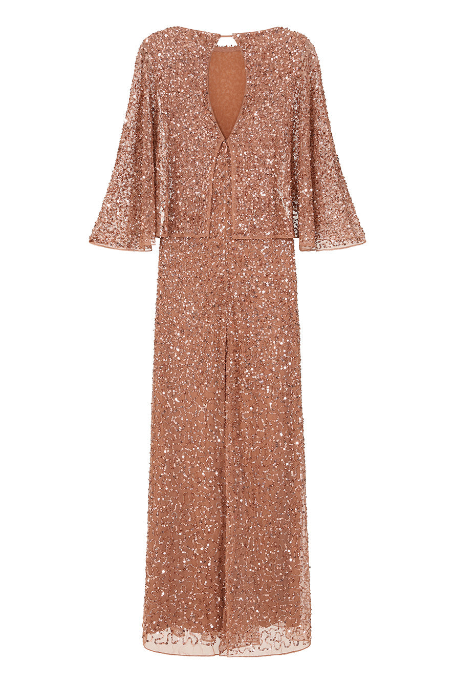 Charlotte Rose Gold Sequin Maxi Dress with Cape Detail