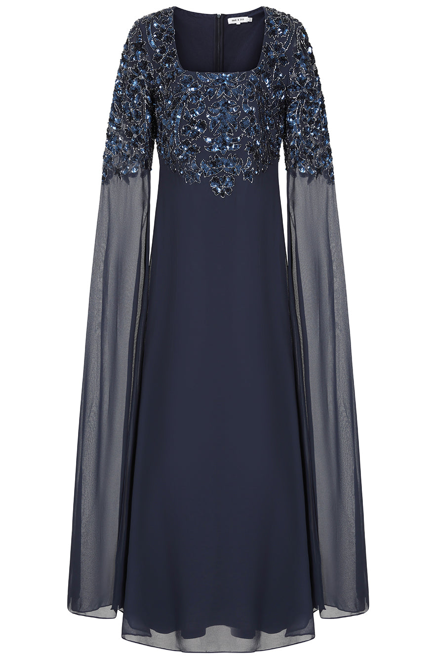 Cherith navy embellished cape sleeve maxi dress by Frock and Frill with square neckline, cascading bodice embellishment and full-length silhouette for elegant occasion wear styling