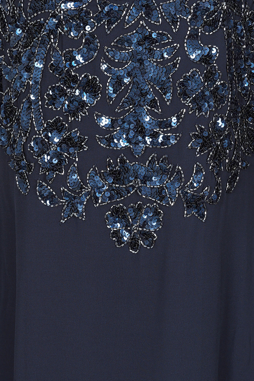 Cherith navy embellished cape sleeve maxi dress by Frock and Frill with square neckline, cascading bodice embellishment and full-length silhouette for elegant occasion wear styling