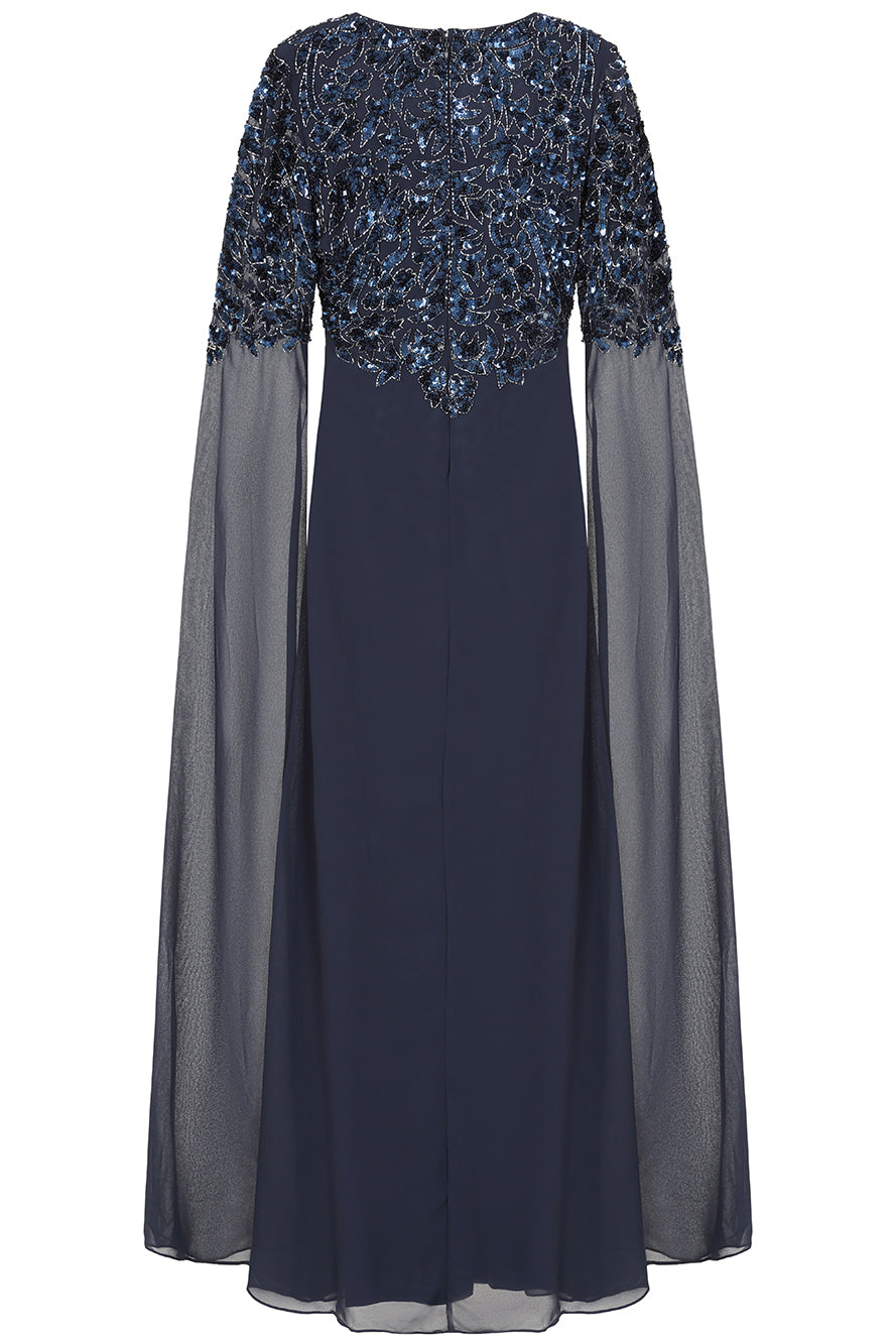 Cherith navy embellished cape sleeve maxi dress by Frock and Frill with square neckline, cascading bodice embellishment and full-length silhouette for elegant occasion wear styling
